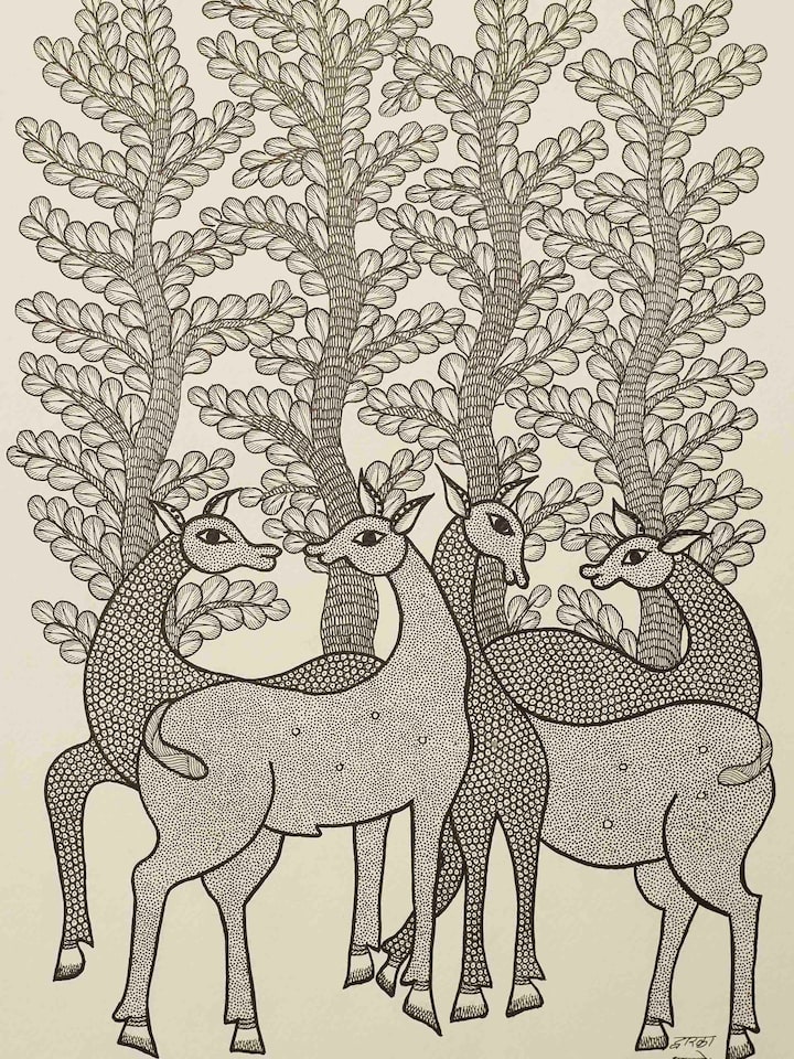 Close-up detail of the Antlers Of The Forest Gond Art