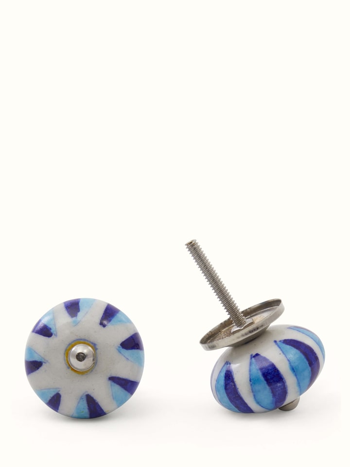 Front view of Blue Pottery Round Rib Door Knob Set
