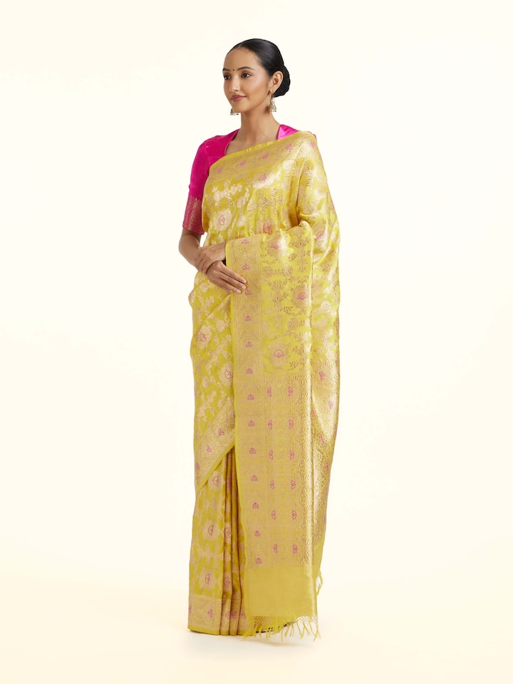 Side view of the Yellow Mulberry Katan Silk Banarasi Saree