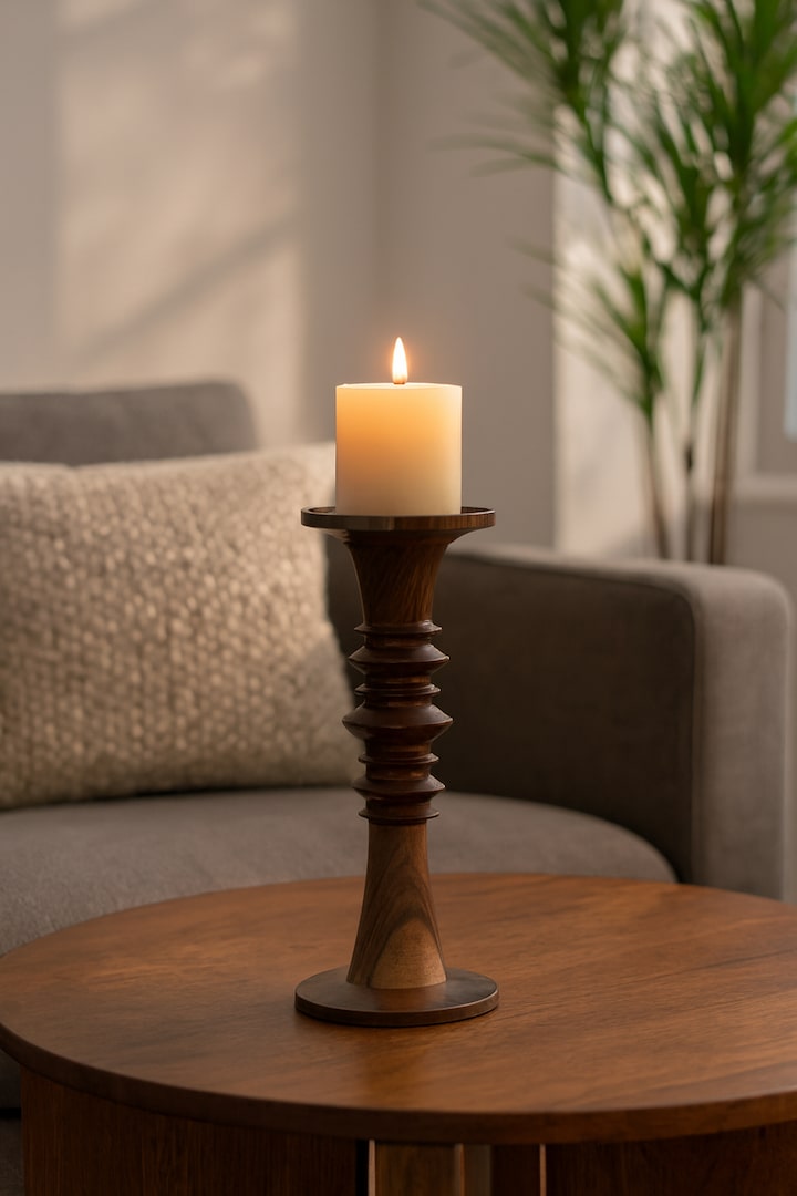 Front view of Natural Sheesham Wood Topsy Turvy Candle Holder
