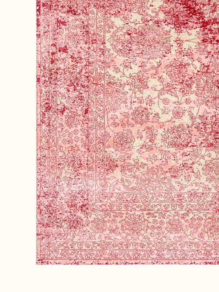 Detail view of Transitional Persian Pink Bhadohi Wool & Bamboo Silk Hand Knotted Rug highlighting the intricate pattern and pile texture