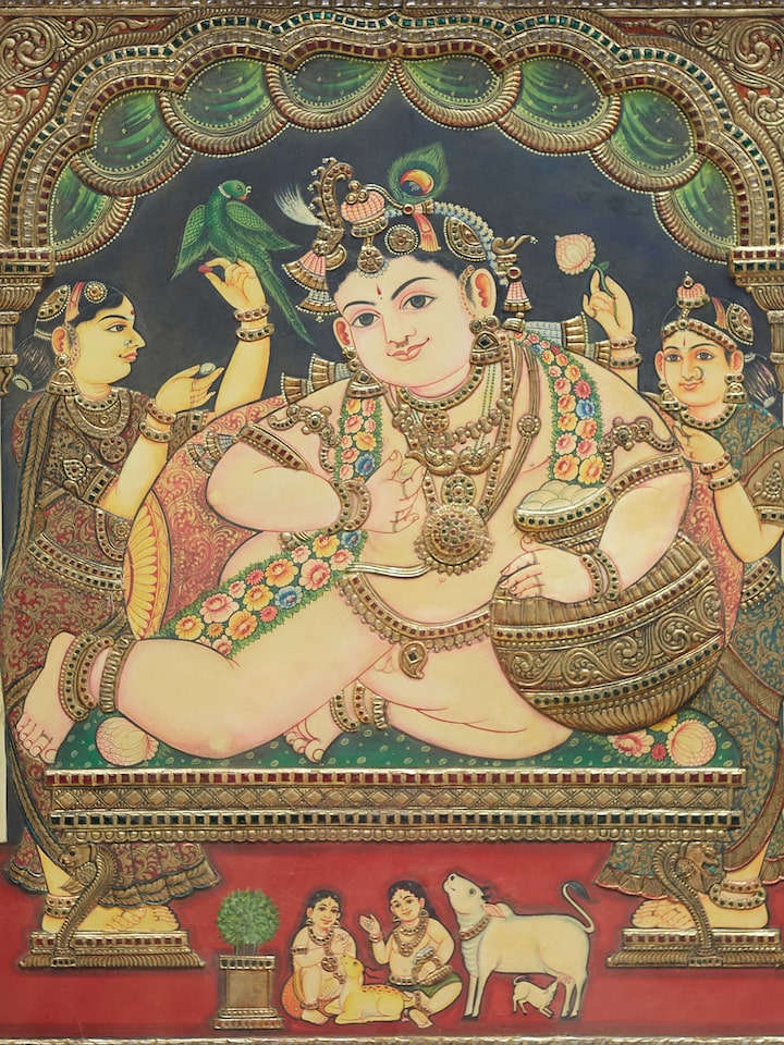 Detail view of the Butter Krishna Thanjavur Painting