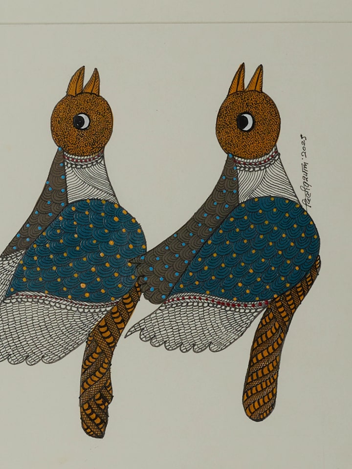Detail view of the Three Birds Gond Art