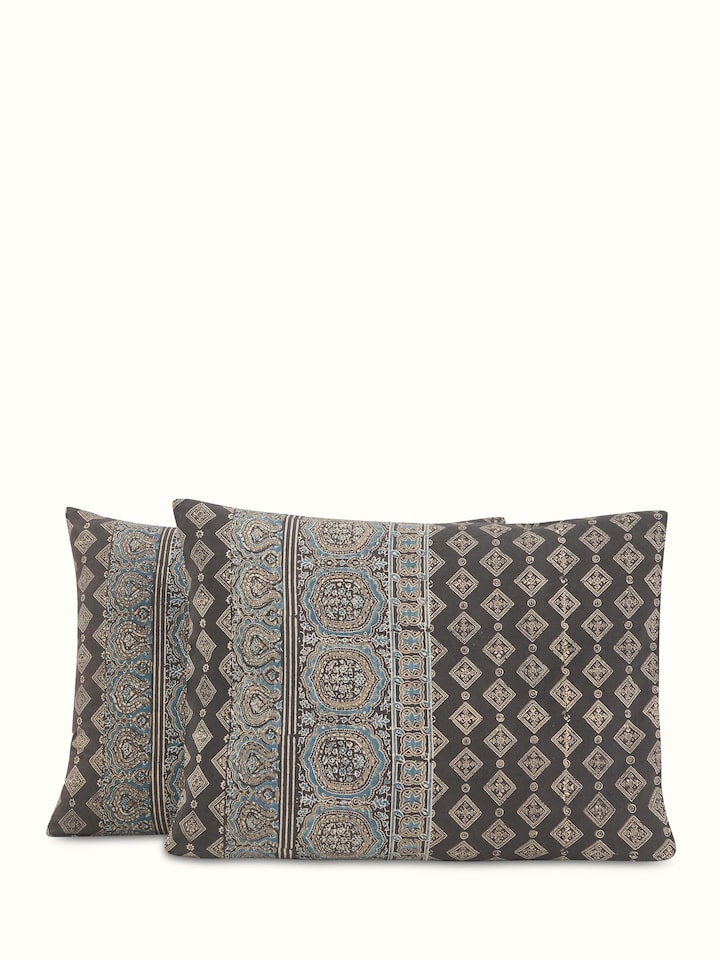 Detailed view of Sindh dark brown jaal cotton ajrakh block printed queen bedspread set (3 pcs) highlighting the ajrakh printing patterns and dark brown hues.