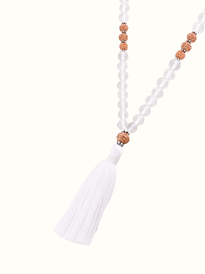 Overhead view of Rudraksha & Sphatik Silver Mala, displaying the elegant and harmonious bead layout