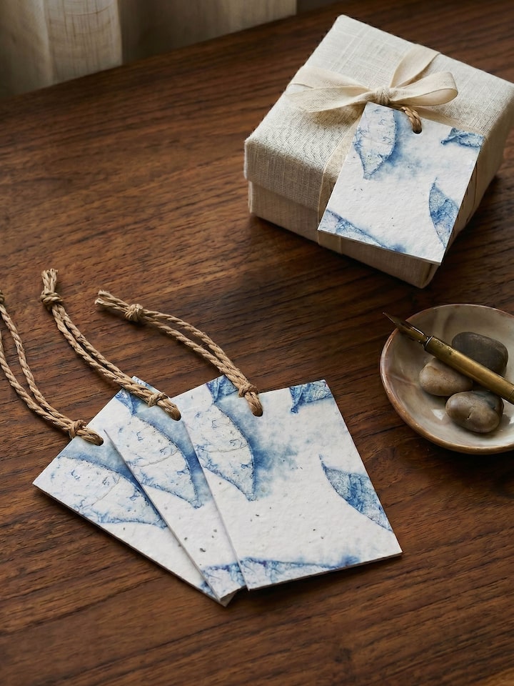 Left-side view of the Auroville Handmade Paper Gift Tags Blue (5 Pcs)