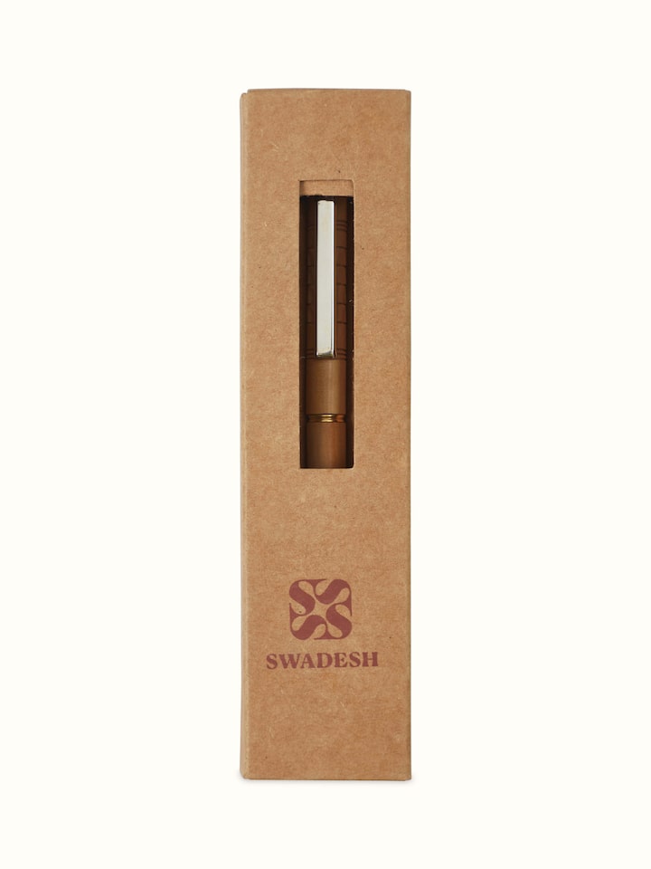 Front view of Carved Sandalwood Pen by Swadesh showcasing the intricate carvings and natural wood grain.