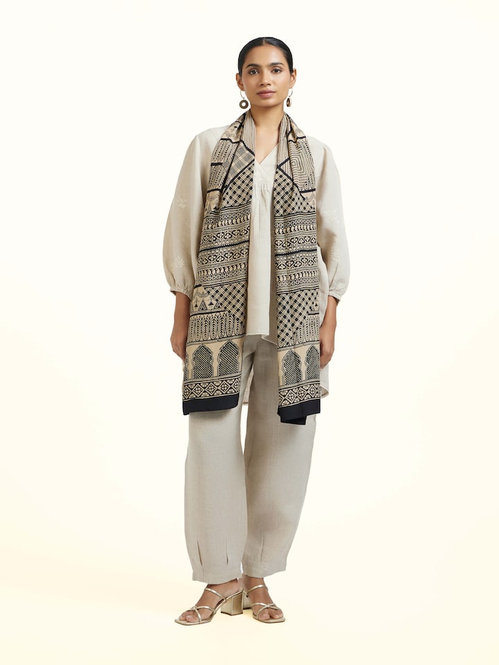 Black Silk Bagh Hand Block Printed Stole � Draped Detail View