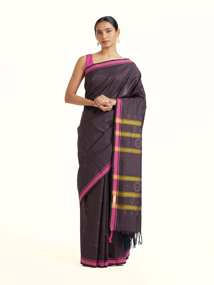 Side view of the Brown Cotton Silk Tangalia Saree