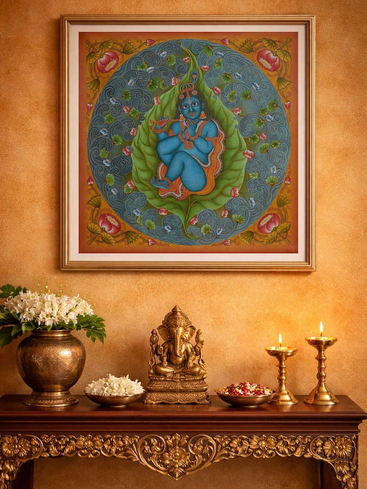 Styled view of Baby Krishna Kerala Mural Painting displayed against a styled backdrop