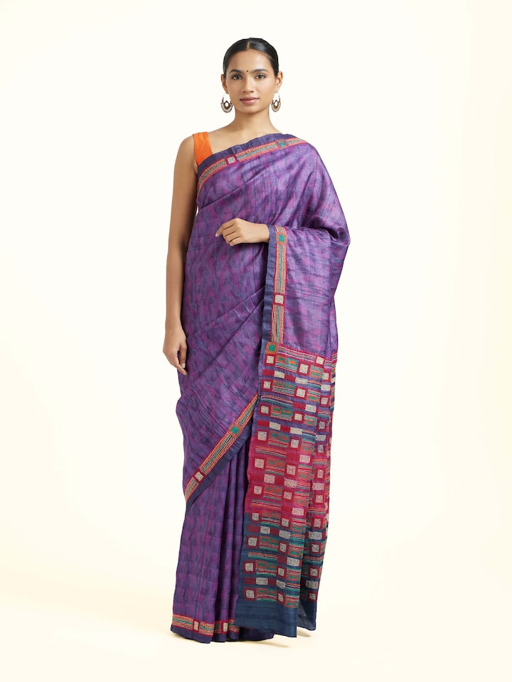 Front view of the Purple Tussar Silk Discharge Block Printed Kantha Embroidered Saree