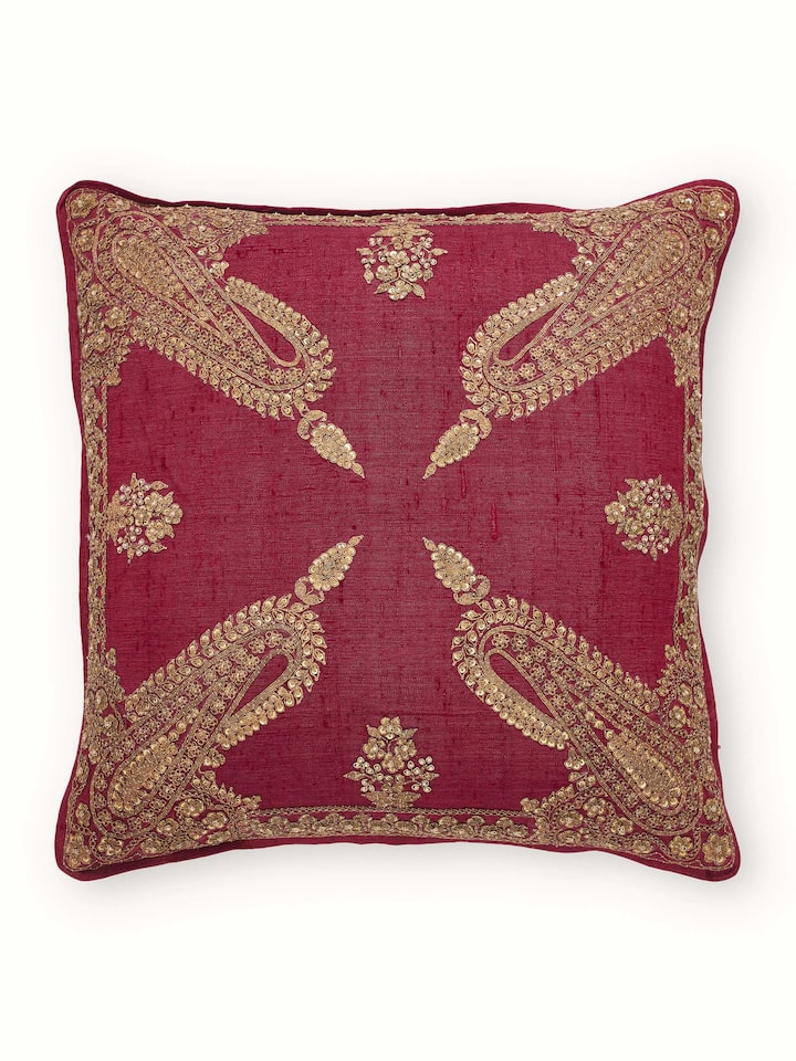 Front view of Alankar Maroon Paisley Silk Zardozi Hand Embroidered Cushion Cover showing the full piece and pattern