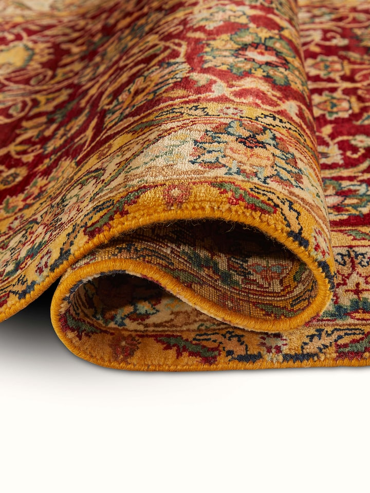 Close-up of Ziegler traditional red Jaipur wool hand-knotted carpet highlighting the detailed patterns and fibers