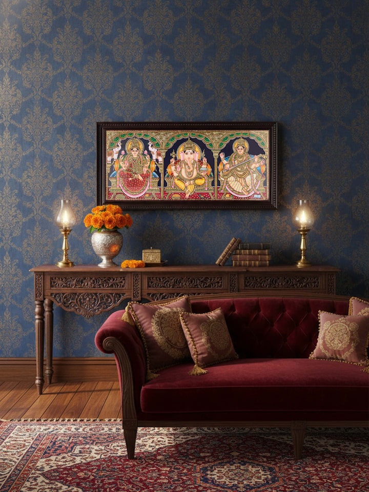 Left-side view of the Lakshmi Ganesh Saraswathi Thanjavur Painting