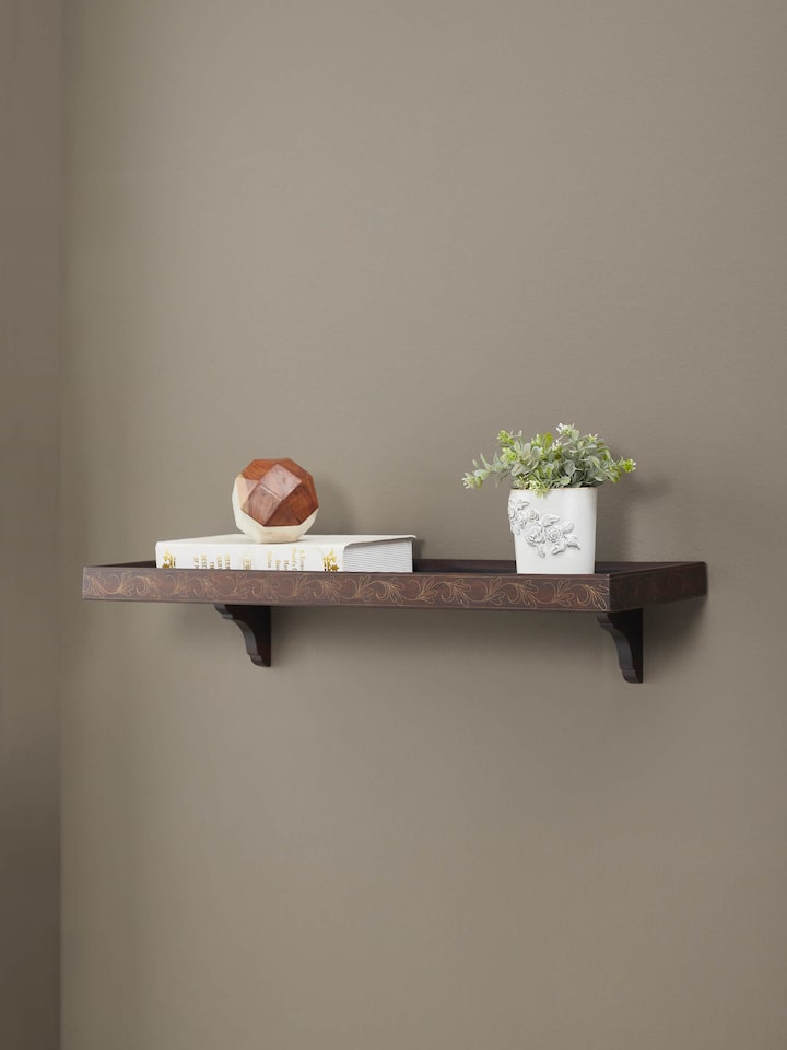 Side view of Sheesham Wood & Brass Tarkashi Rectangular Wall Shelf showing its elegant design with intricate brass inlay work.