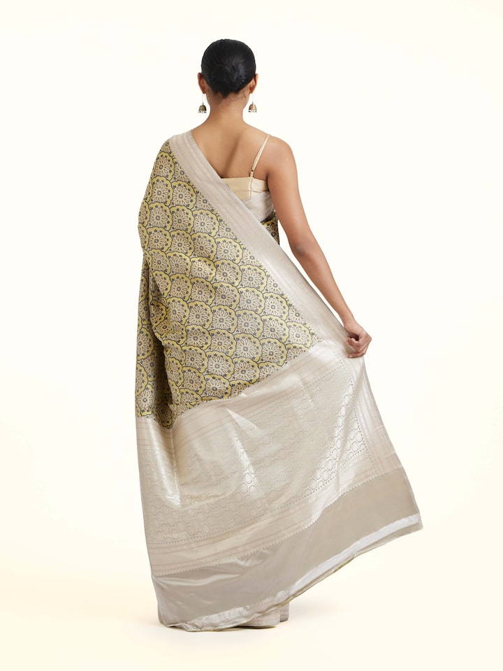 back view of yellow banarasi brocade saree