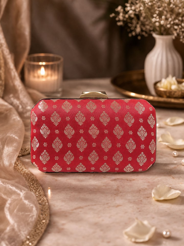 Front view of Maroon Banarasi Silk Box Clutch showing the front design and silhouette