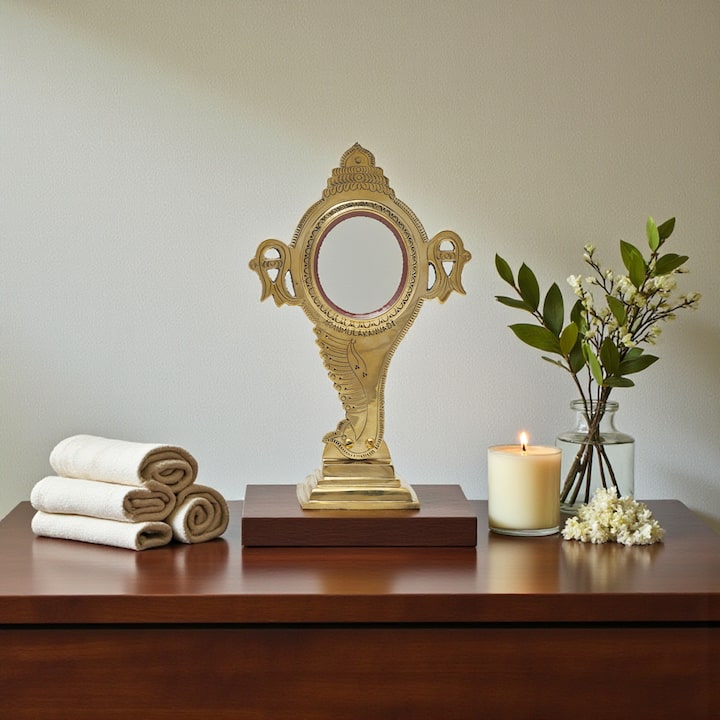Styled view of Natural Aranmula Kannadi Brass Mirror styled in a home setting