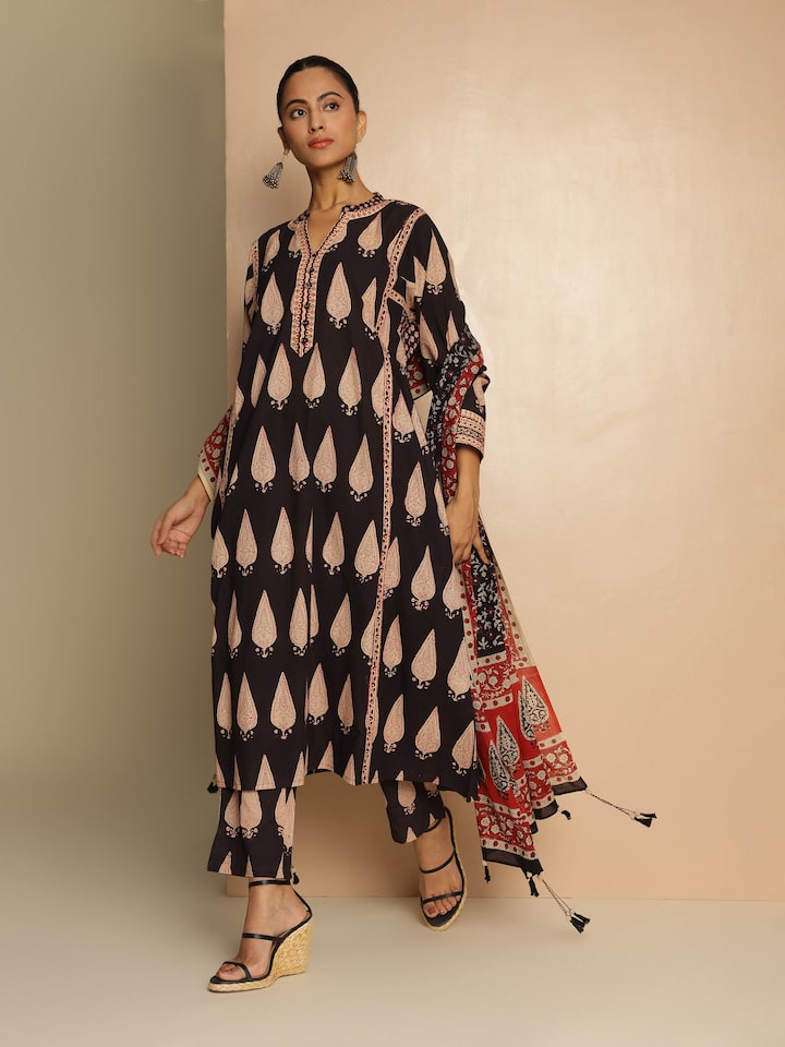 Black Cotton Bagru Block Printed Straight Pants