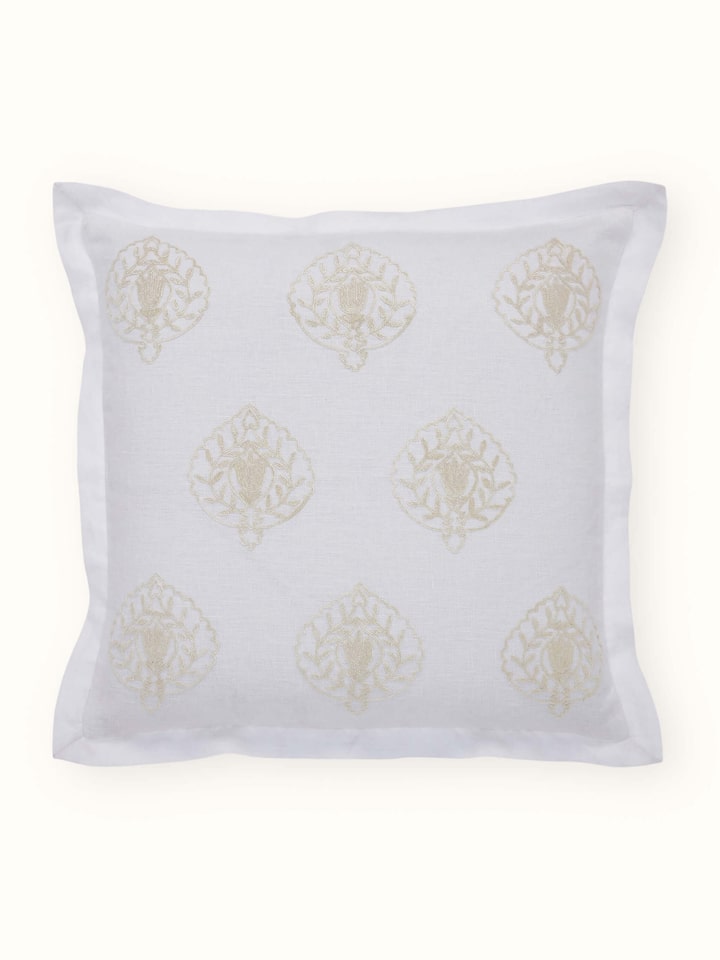 Razza Ivory Buti Linen Kashmir Chain Stitch Hand Embroidery Cushion Cover