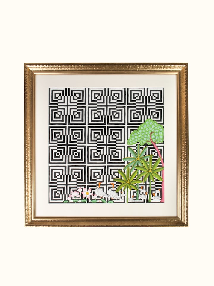 Front view of the Sarus Geometric Illusion Pichwai Painting