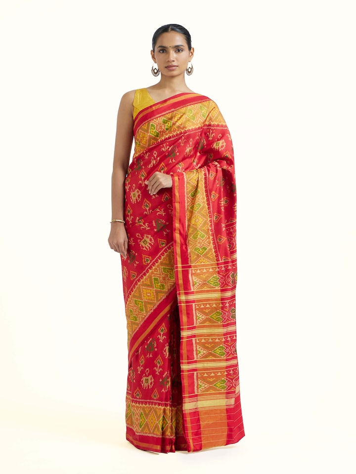 Front view of Rajkot Patola Ikat Saree showcasing its traditional craftsmanship and design