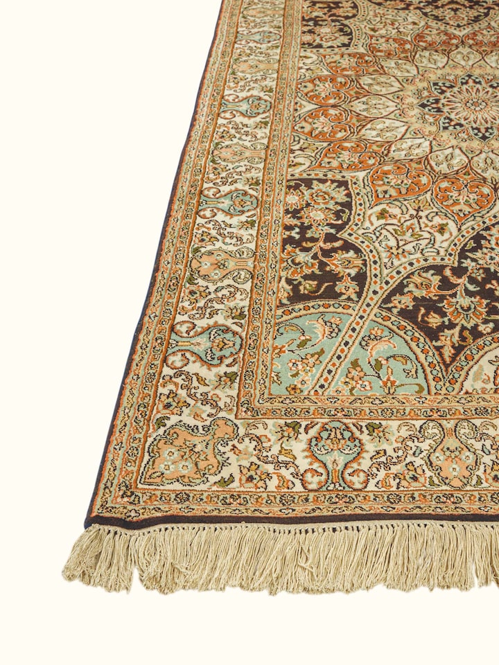Top view of the Traditional Persian Rust Sage Medallion Kashmir Silk Hand-Knotted Carpet
