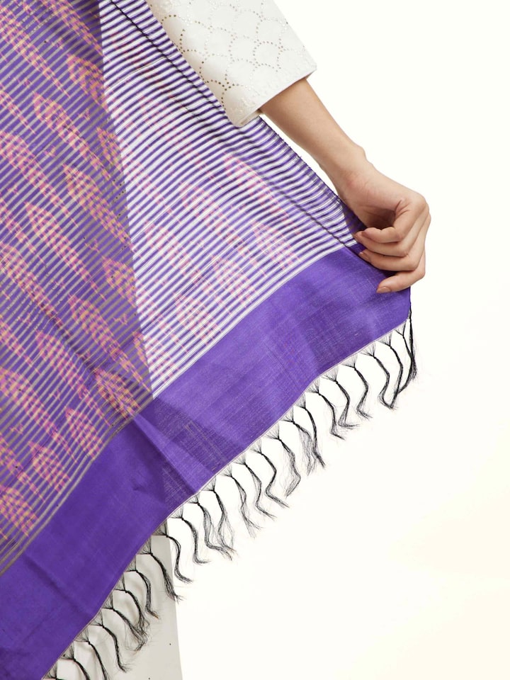Draped detail view of the Blue Silk Pochampally Warp Ikat Stole
