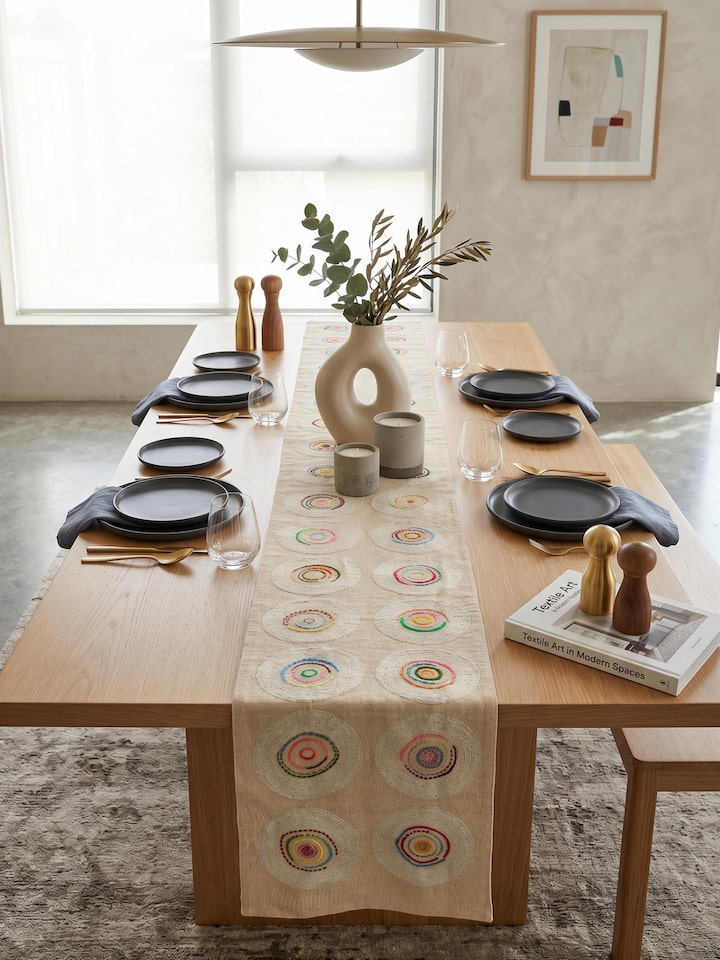 Lifestyle view of the Bageecha Hand Embriodery Kantha Geo Table Runner