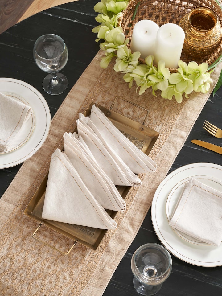 Sveth Ochre Solid Cotton Chikankari Hand Embroidery Dinner Napkins (6 Pcs)