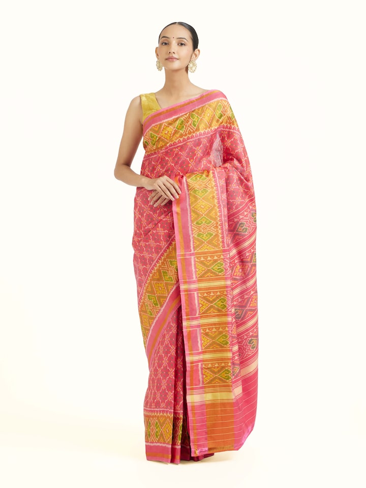 Front view of Rajkot Patola Ikat Saree showcasing its traditional craftsmanship and design