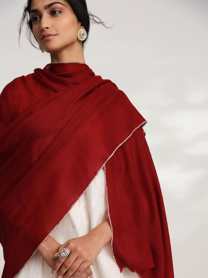 Detailed side view of maroon cashmere kaaj embroidered handwoven stole showcasing embroidery