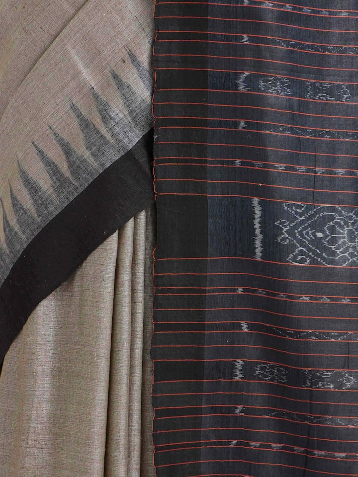 Detailed view of Green Tussar Silk Odisha Ikat Saree focusing on the fine craftsmanship and texture