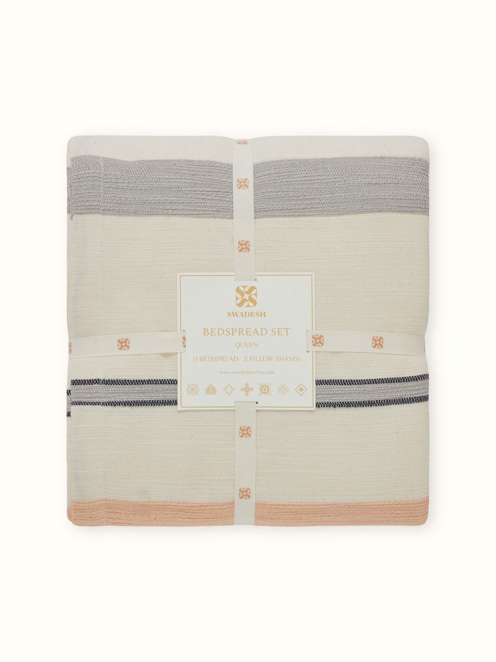 Alternate close-up of fabric texture and edges in Neerja handloom queen-size grey stripe bedspread