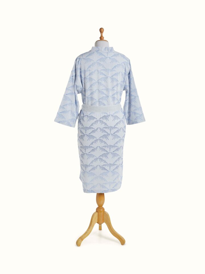 Parvat indigo ombre cotton Sanganeri block printed bathrobe, back view