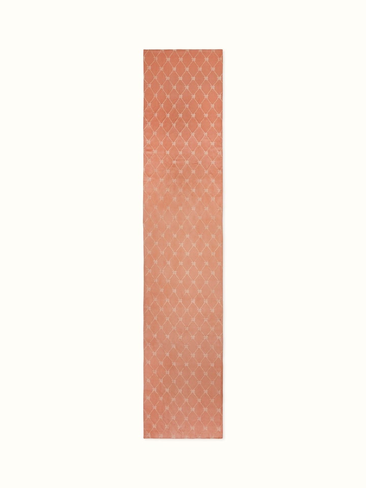 Front view of peach Banarasi silk bed runner showcasing intricate handloom weave.