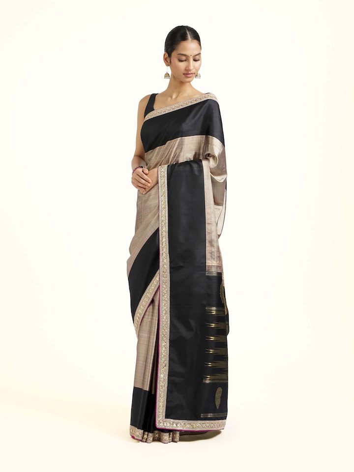 Side view of Black Silk Kancheepuram Aari Embroidered Saree highlighting the woven border detailing