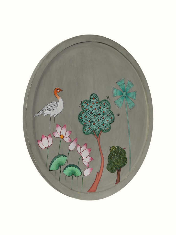 Angled view of the Sarus and Tree Pichwai Painting Wall Plate