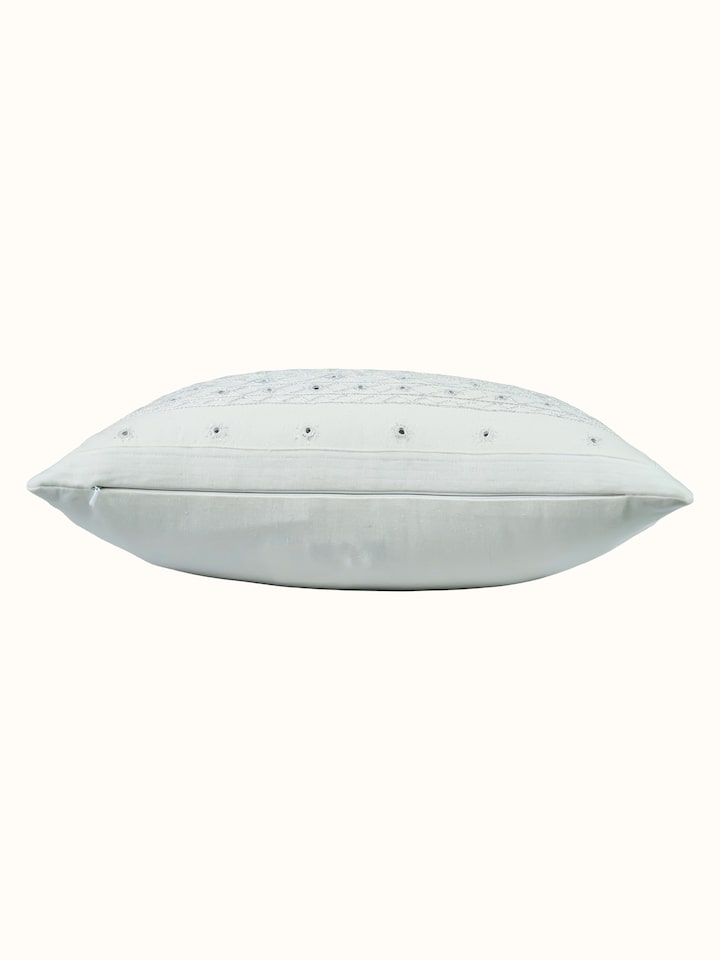 Top view of the Lippan White Pakko Border Hand Embroidered Cotton Cushion Cover