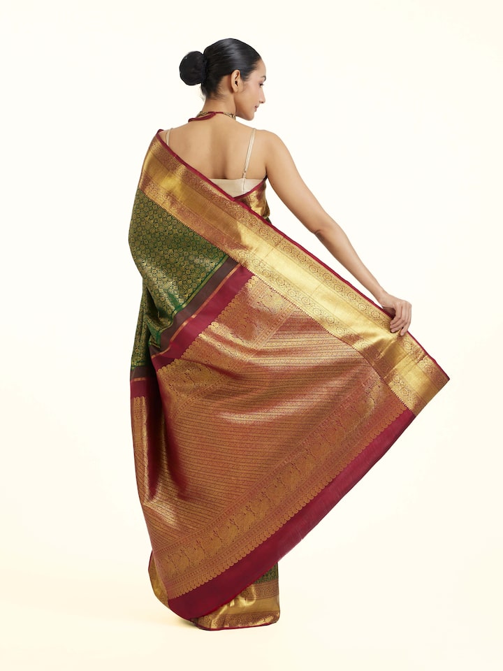 Back view of Green Kancheepuram Silk Zari Saree showing the pleats and finish