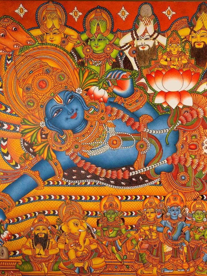 Styled view of Ananthshayna Kerala Mural Painting displayed against a styled backdrop, in an alternate close-up