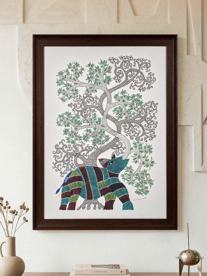 Styled view of Breath Of Life Gond Art displayed against a styled backdrop