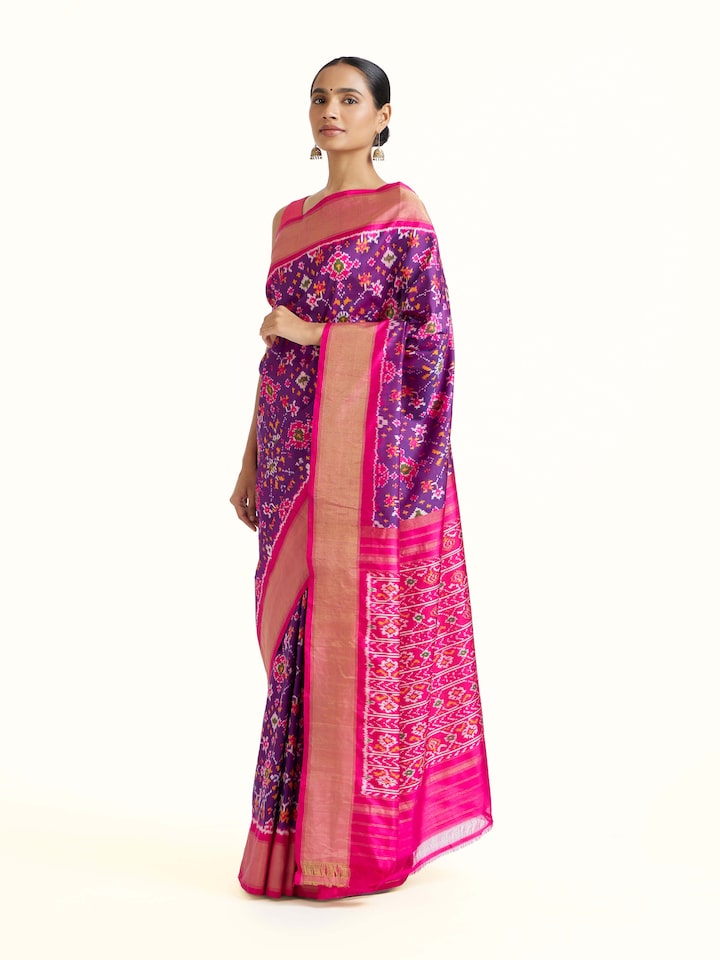 angled view of blue weft ikat silk saree