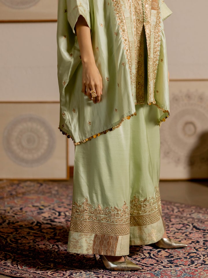 Angled view of the Mint Green Silk Hand Embroidered Patchwork Co-ord Set (2 Pcs)