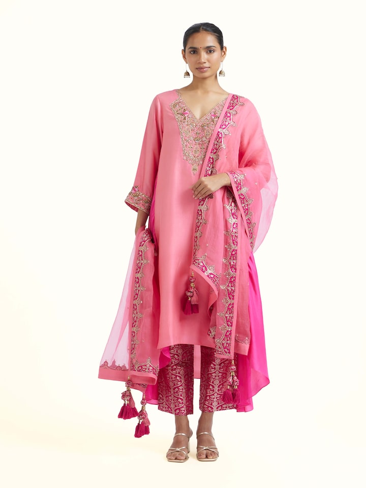 Front view of Pink Zardozi Silk Kurta Set (3 Pcs) showcasing its traditional craftsmanship and design