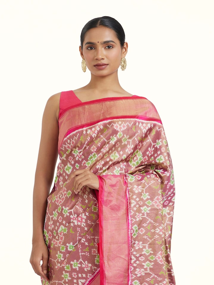 Angled view of Multi Pochampally Ikat Silk Saree revealing the depth of its color and intricate pattern