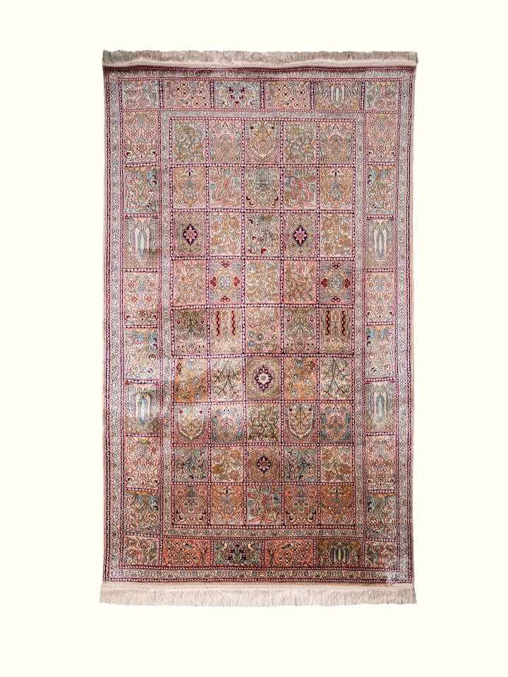 Detail view of Traditional Persian Rust Dabdar Kashmir Silk Hand-Knotted Carpet highlighting the intricate pattern and pile texture