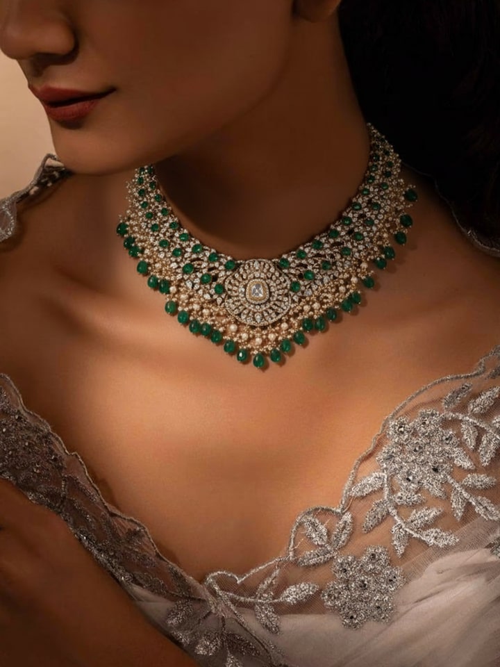 Lifestyle view of Dank Polki Silver Collar Necklace