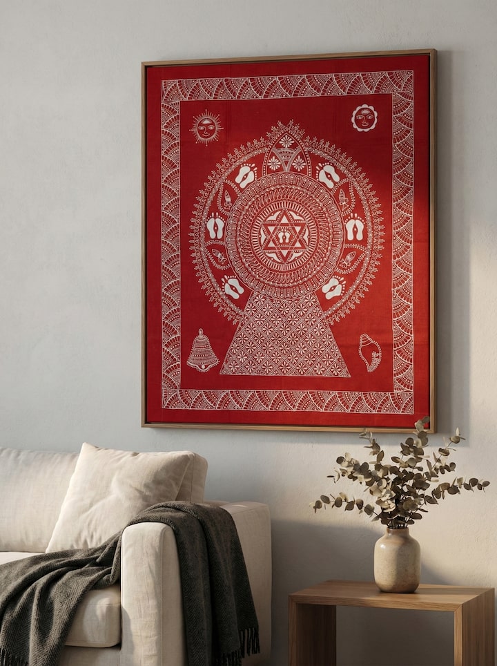 Styled view of Aipan Vivah Chowki Painting displayed against a styled backdrop