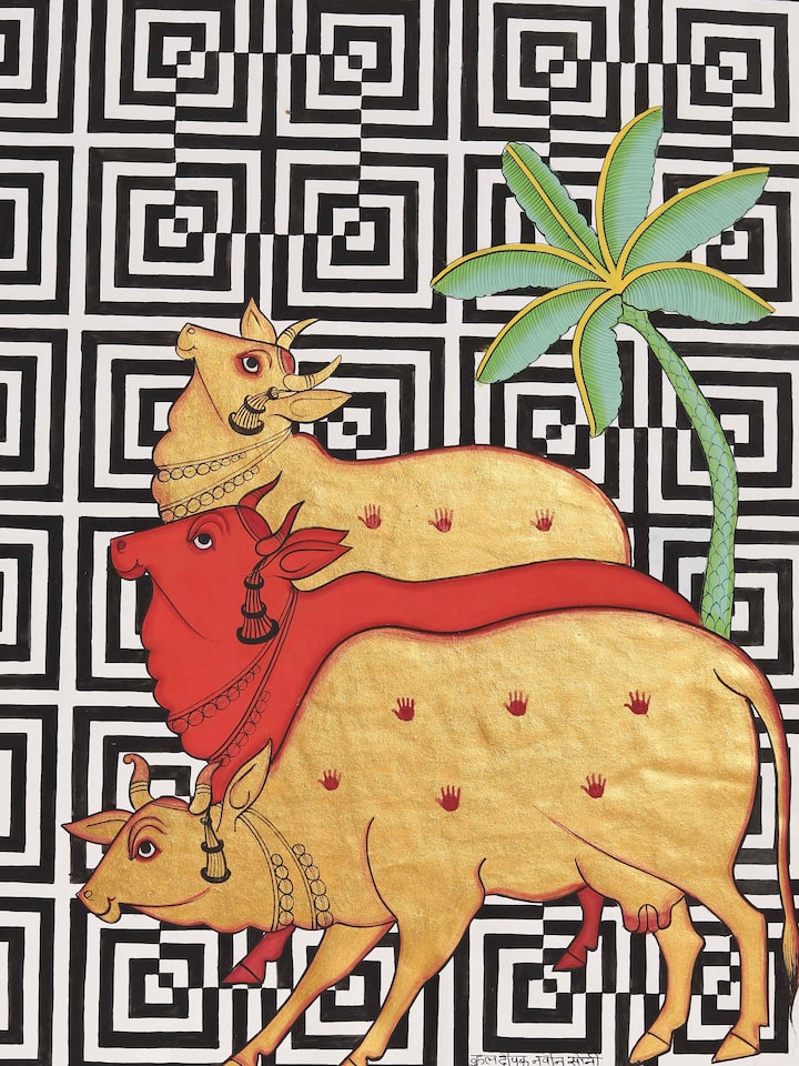Close-up detail of the Cows Geometric Illusion Pichwai Painting